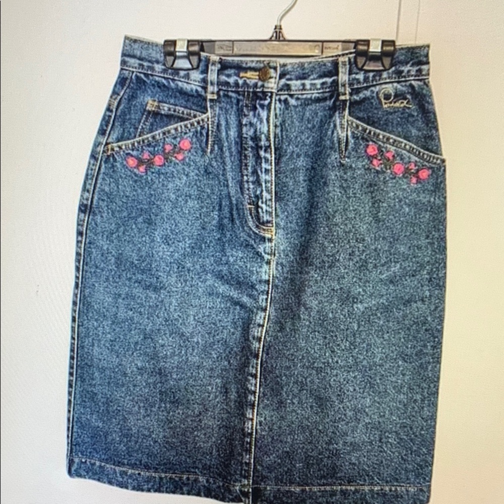 Denim Skirt with Pink Embroidery